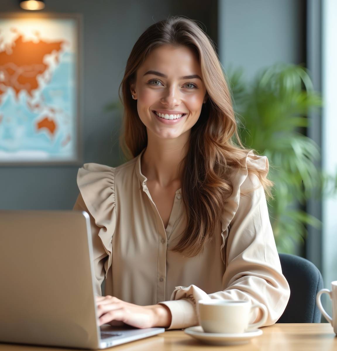 Attractive woman works travel agency office. Smiling happy girl uses laptop booking online trip. World map on background. Young lady makes travel sale. Tourist representative with coffee, smiles.